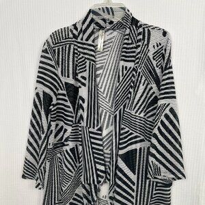 PerSeption Concept Black White Geo Loose Knit Open Cardigan 3/4 Sleeve Size L